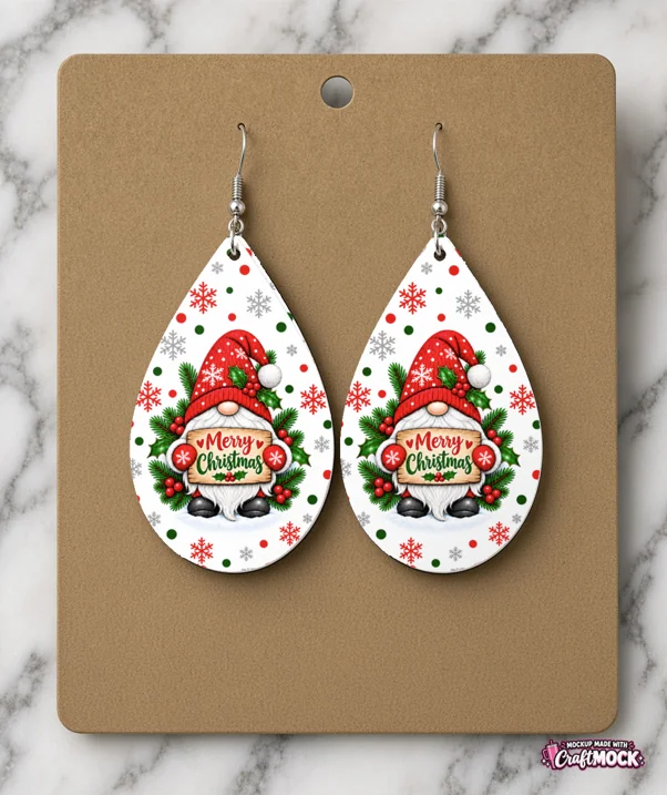 Christmas gnome teardrop earrings displayed on a branded jewelry card