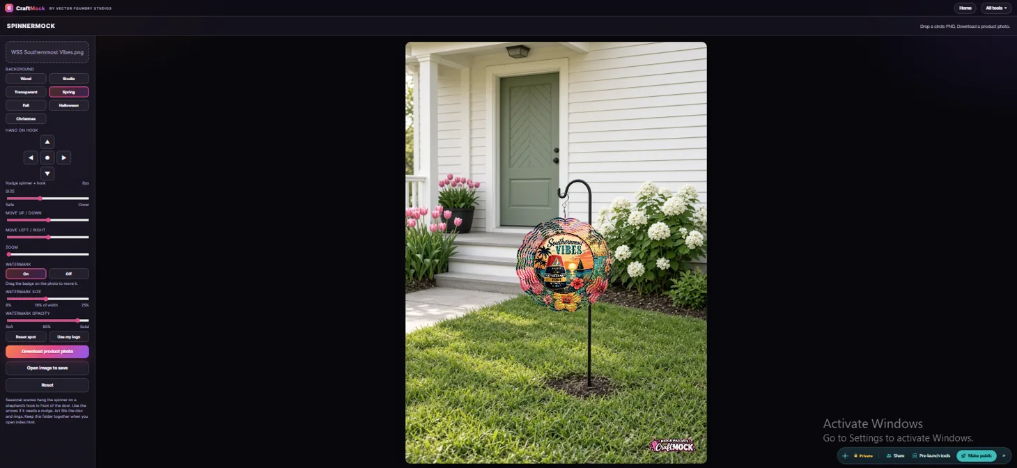 Actual CraftMock wind spinner editor with product settings and preview