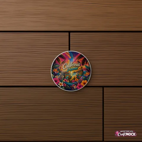 Round wood coaster with California Dreamin' artwork