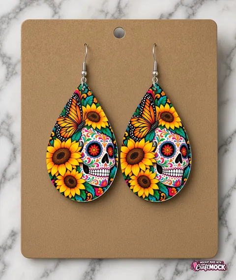 Sugar skull teardrop earrings displayed on a kraft jewelry card