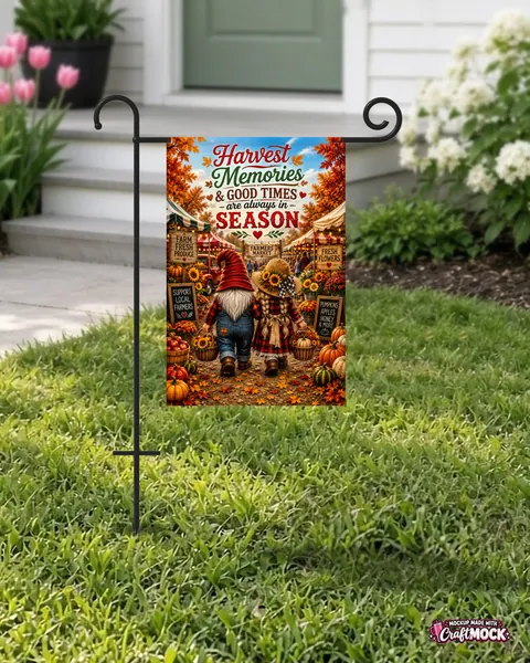 Harvest gnome garden flag on a yard stand in front of a home