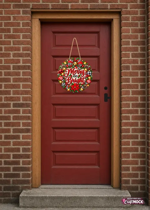 Merry and Bright door hanger design mockup on a red front door