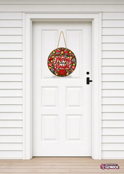 CraftMock door hanger mockup with Merry and Bright artwork on a white front door