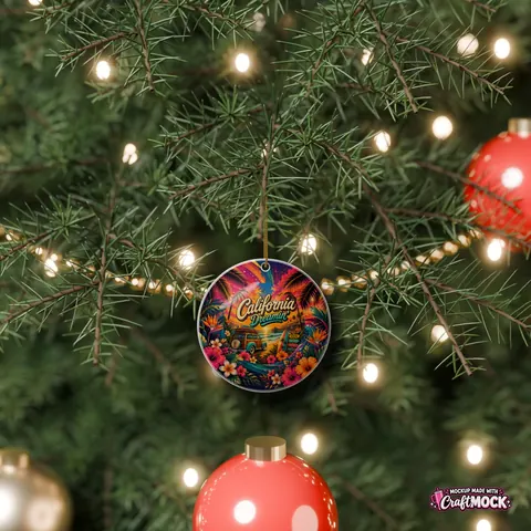 Round ornament hanging among Christmas tree lights