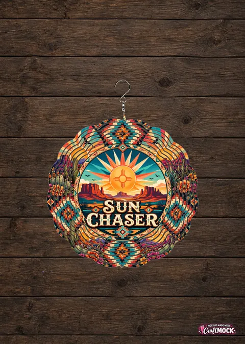 Sun Chaser wind spinner hanging against a wood background
