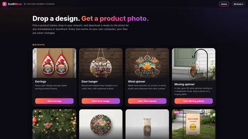 CraftMock home dashboard listing the product mockup tools