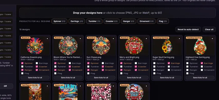 CraftMock upload area with ten designs dropped in and auto-detected product types
